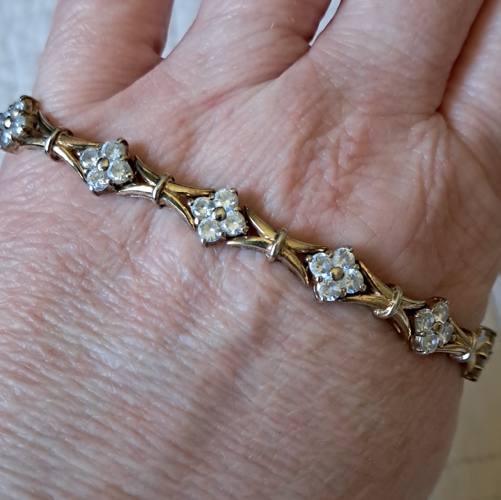Vintage Sterling Silver 14kt Gold Overlay White Quartz Floral Design Bracelet
